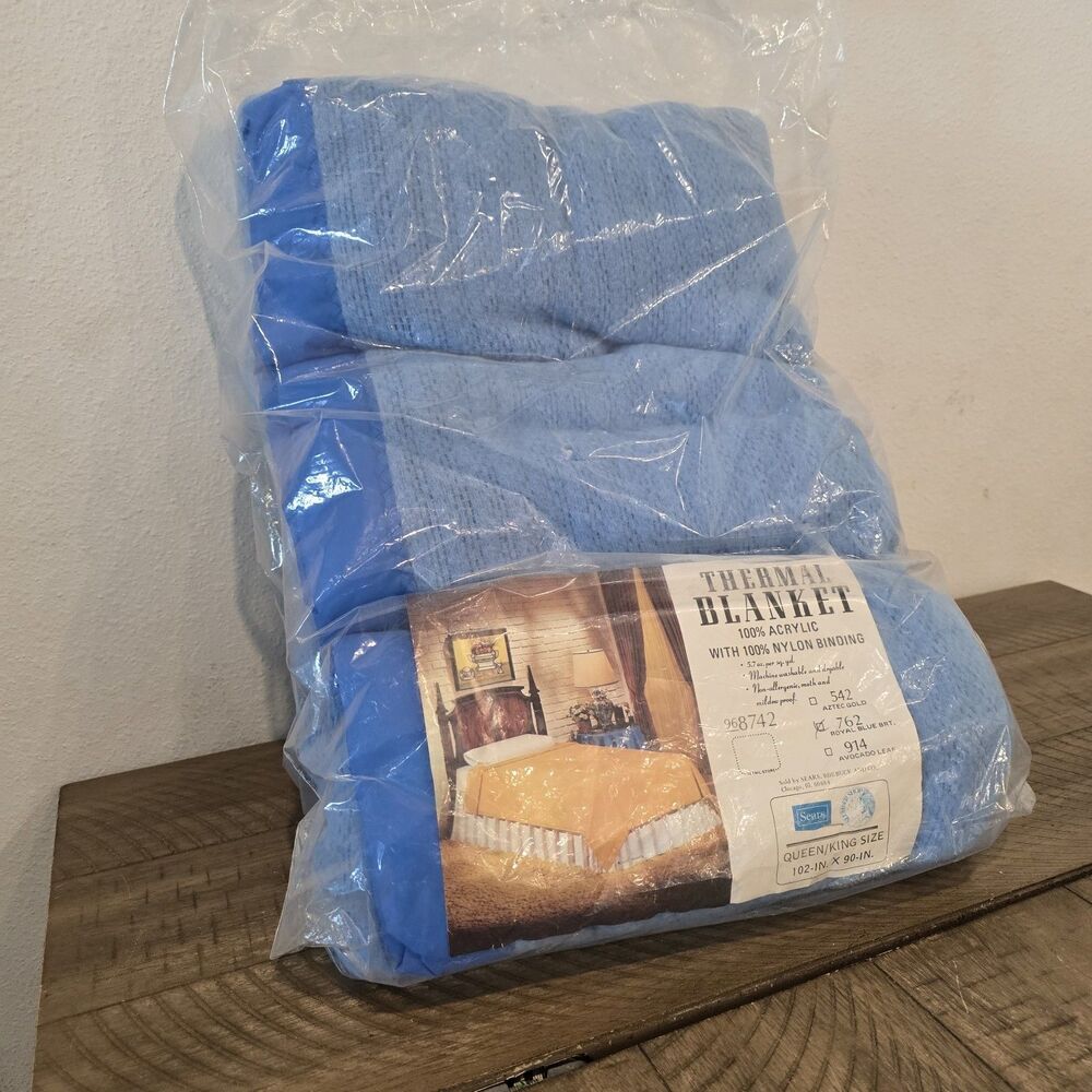 Vintage Sears Thermal Blanket Queen King 102x90 Royal Blue Acrylic NOS